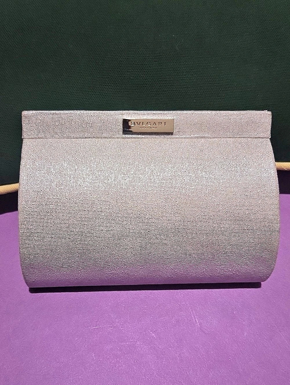BVLGARI Parfume Silver- Goldtone Metallic Clutch NWT